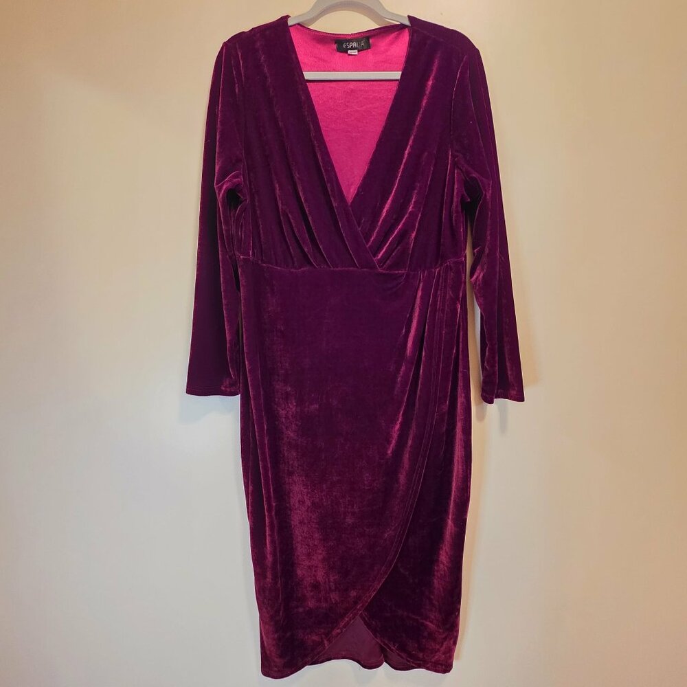 Esprlia Velvet Faux Wrap Long Sleeve Dress 14W
